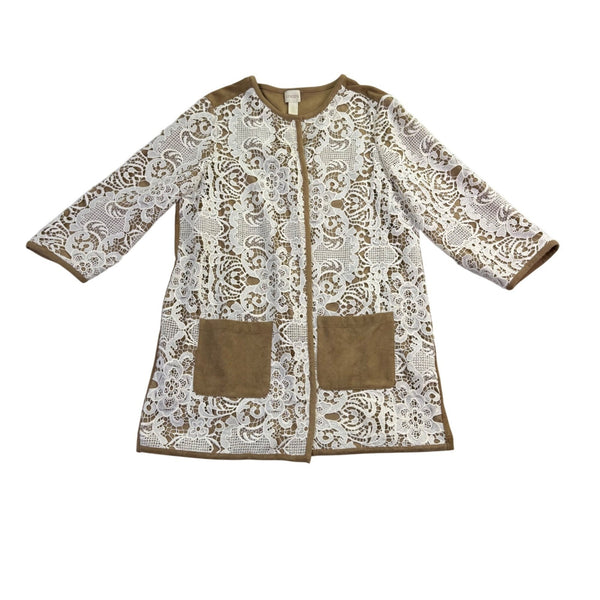 Chicos Womens Tan Lace Overlay Knit Jacket With Pockets & 3/4 Sleeves Size 2