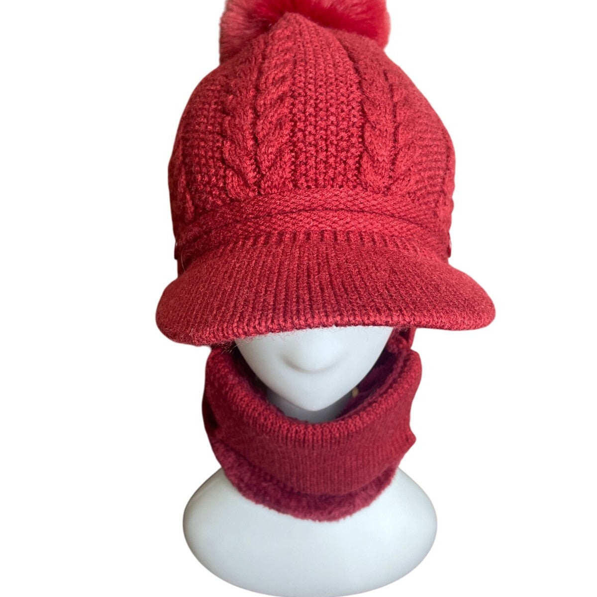 Unbranded Knitted Red With Pom Pom & Neck Warmer Winter Cap