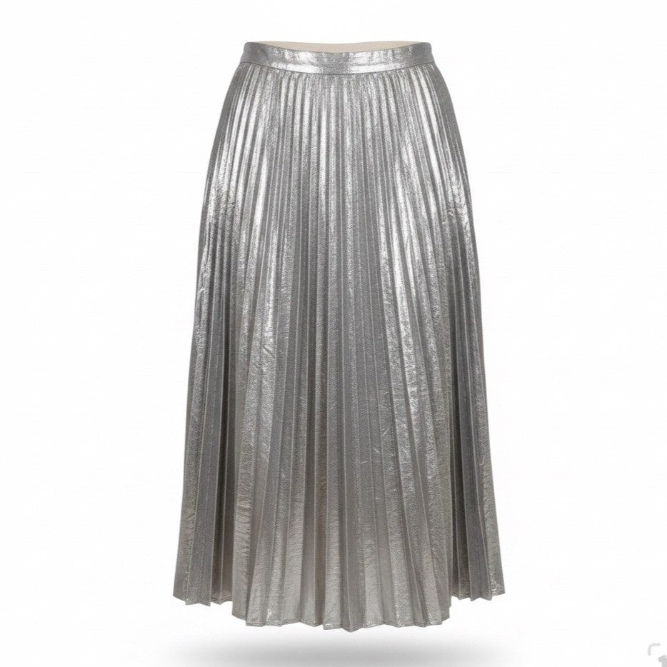 State Womens Silver Metallic Pleated Midi Skirt Size 8