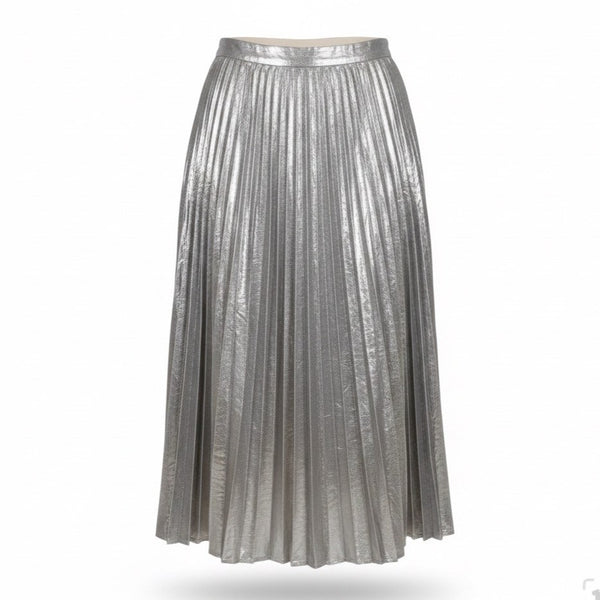 State Womens Silver Metallic Pleated Midi Skirt Size 8