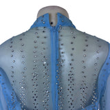 Vintage Womens Blue Embellished Sheer Long-Sleeve Gown With Beaded Overlay