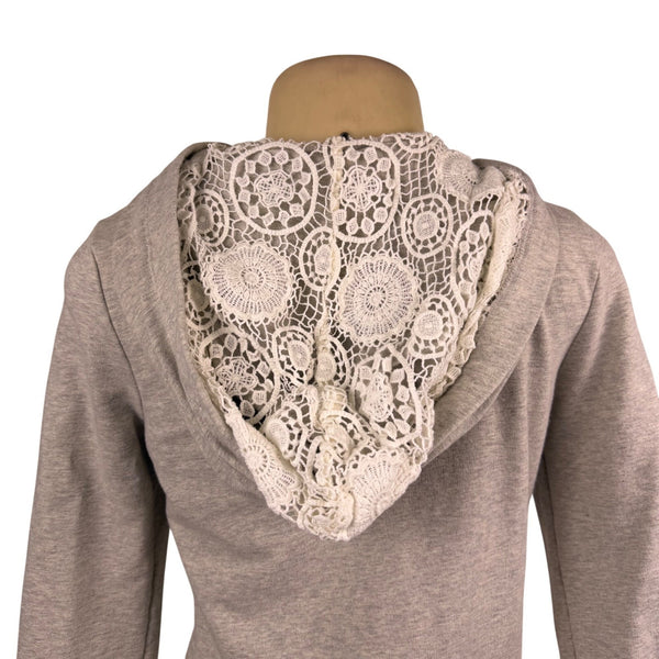 LoveAndliberTy Womens Gray Cotton/Spandex Lace Trim Hooded Zip-Up Sweater Size S