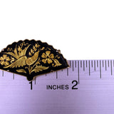 Vintage Damascene Gold Tone Fan Brooch Birds & Flowers Black Enamel Metal Signed