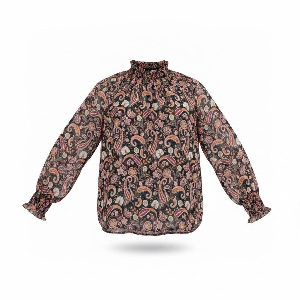 Loft Womens Black & Pink Paisley Print Long Sleeve Smocked Top Size XL