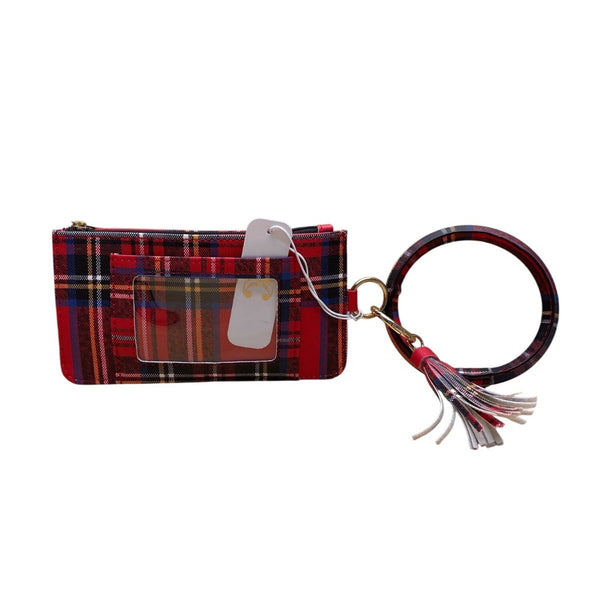 Plaid Women’s Red Faux Leather Clutch Pouch With Coin Purse & Tassel Keyring