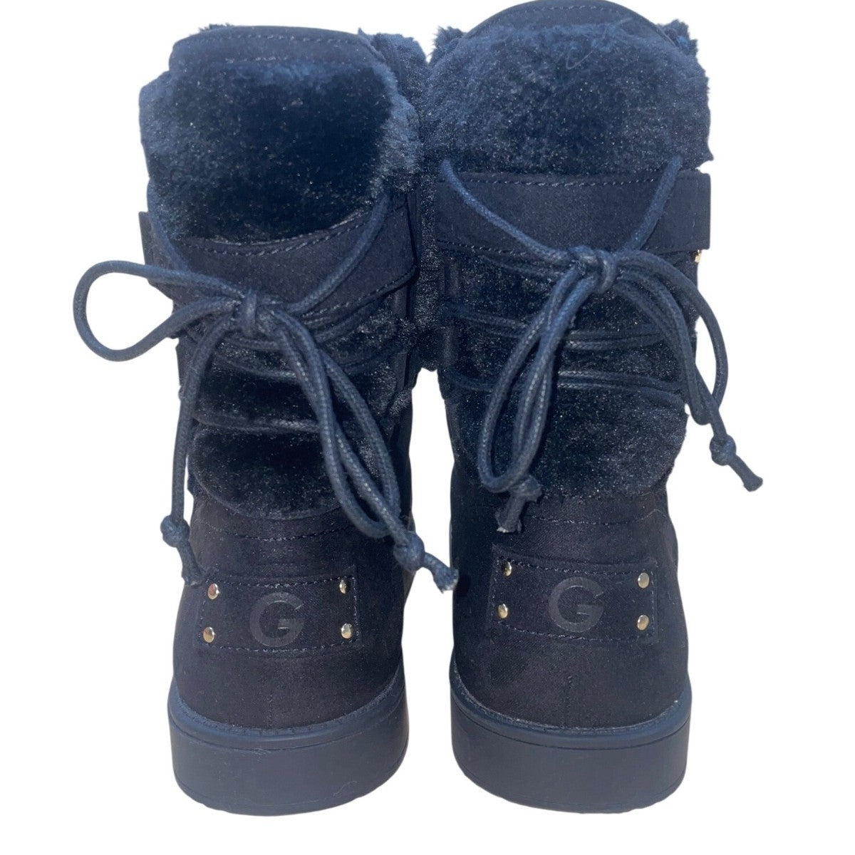 GBG Women’s Black Faux Suede Fur-Lined Gold Logo Accent Short Boots Size 7M