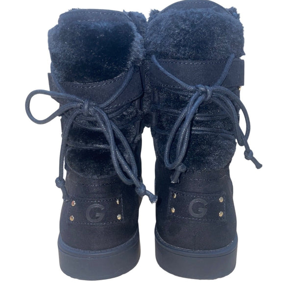 GBG Women’s Black Faux Suede Fur-Lined Gold Logo Accent Short Boots Size 7M