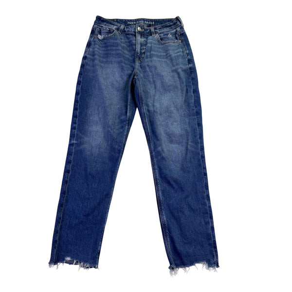 American Eagle Womens Blue Denim Short Strigid Raw Hem Straight Leg Jeans Sz 4 