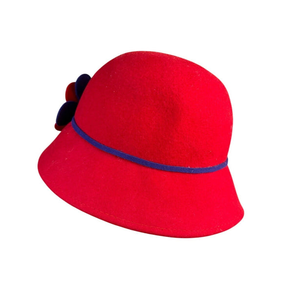Something Special Womens Red Wool Bucket Hat Floral Accent Blue Trim