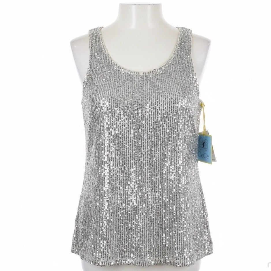 Cece Womens Silver Sequin Top Sleeveless Crew Neck Size M