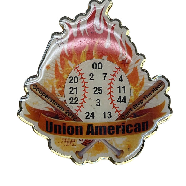 Baseball-Themed Cooperstown 2012 Union American Enamel Pin With Flame Design