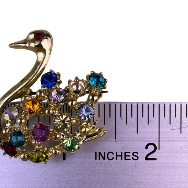 Gold-Tone Metal Multicolor Rhinestone Swan Brooch Pin Womens Jewelry