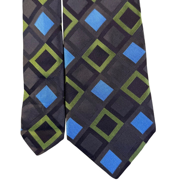 Ted Baker Mens Black Silk Geometric Tie Green & Blue Squares Modern Pattern