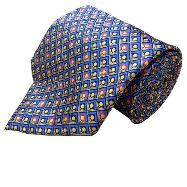 Fabergé Mens Blue All Silk Geometric Patterned Handmade Tie Made In USA