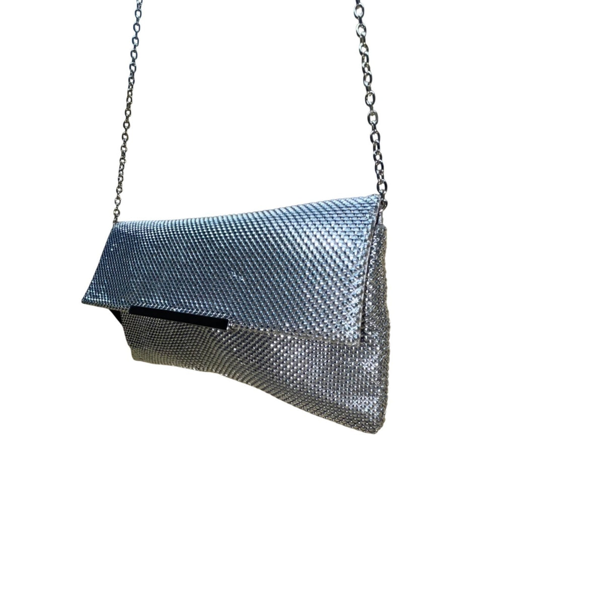 INC Women’s Silver Metallic Mesh Chain Strap Fold-Over Design Clutch Bag