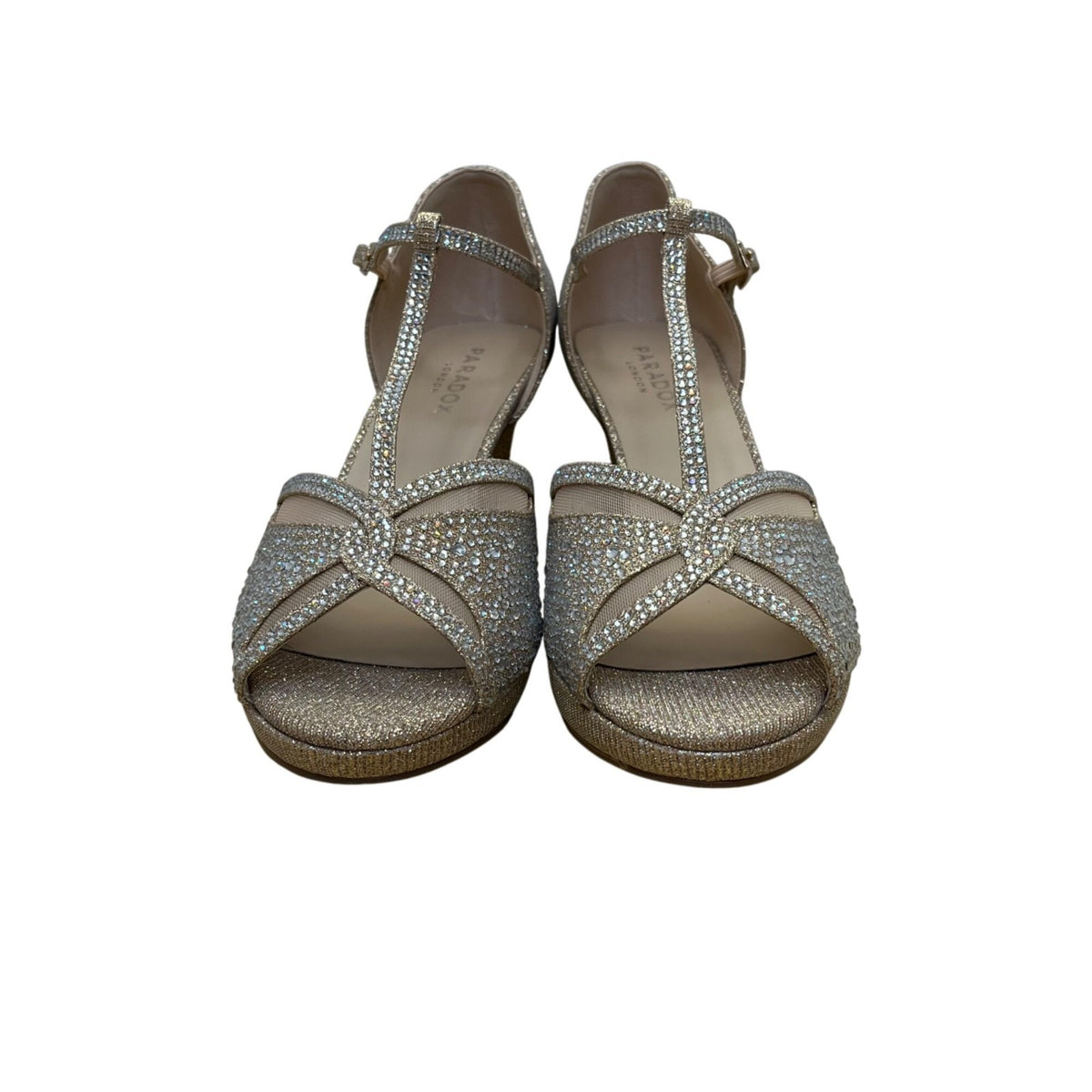 Paradox London Women’s Champagne Glitter T-Bar Nora Open Toe Heels Size 7M
