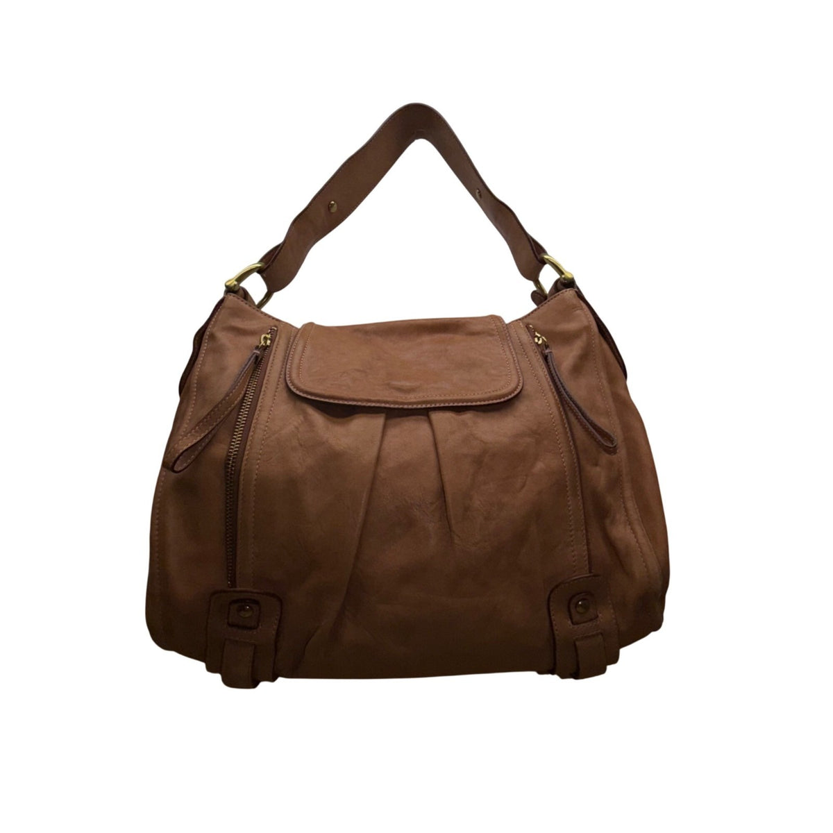 Kooba Women’s Tan Leather Front Brass Hardware Multiple Pockets Shoulder Bag