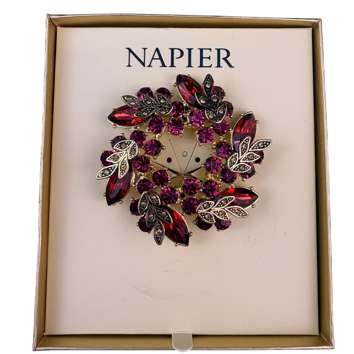 Napier Womens Gold Tone Red & Pink Rhinestone Wreath Brooch New In Box