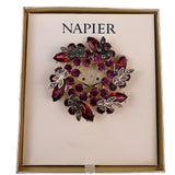 Napier Womens Gold Tone Red & Pink Rhinestone Wreath Brooch New In Box