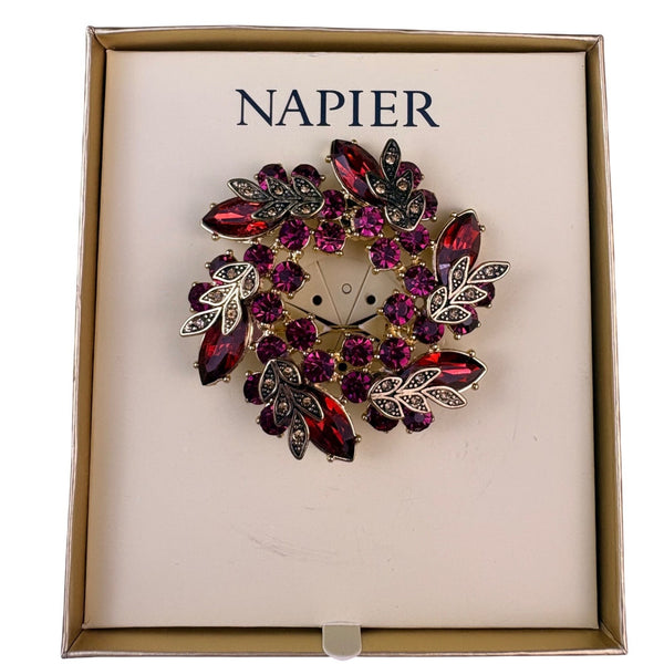 Napier Womens Gold Tone Red & Pink Rhinestone Wreath Brooch New In Box
