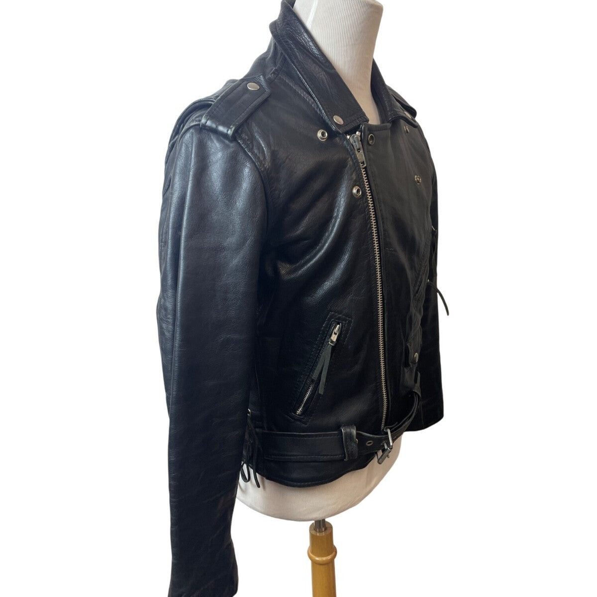 Vintage First Genine Leather Black Motorcycle Jacket With Zipper & Snap Details