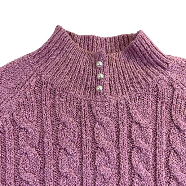 Karen Scott Women’s Pink Cable Knit Sweater Pearl Button Mock Neck Size L