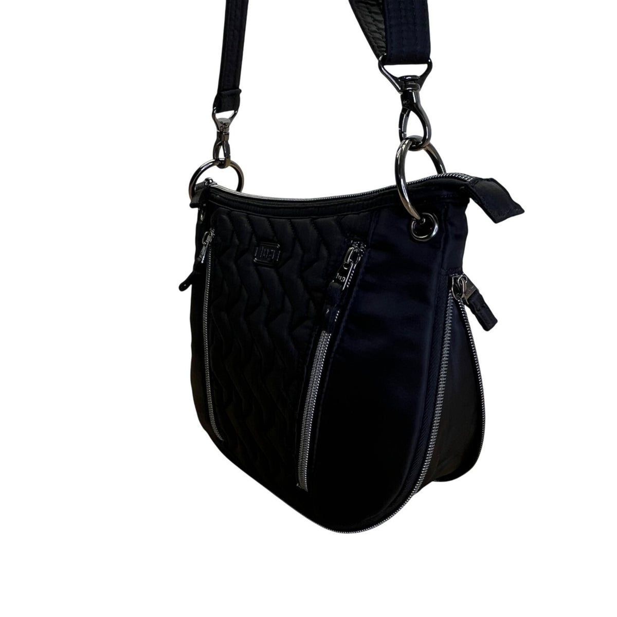 Lug Quilted Black Nylon Adjustable Strap & Zipper Pockets Swivel Crossbody Bag