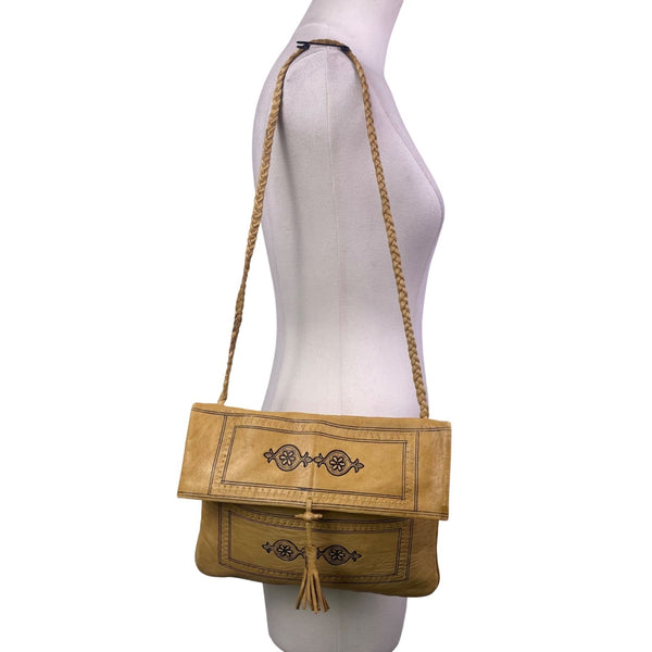 Vintage Women’s Beige Leather Handcrafted Tassel & Braided Strap Shoulder Bag