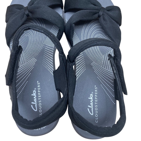 Clarks Women's Black Fabric Adhesive Strap Closure Bow Detail Sandals Size 7.5