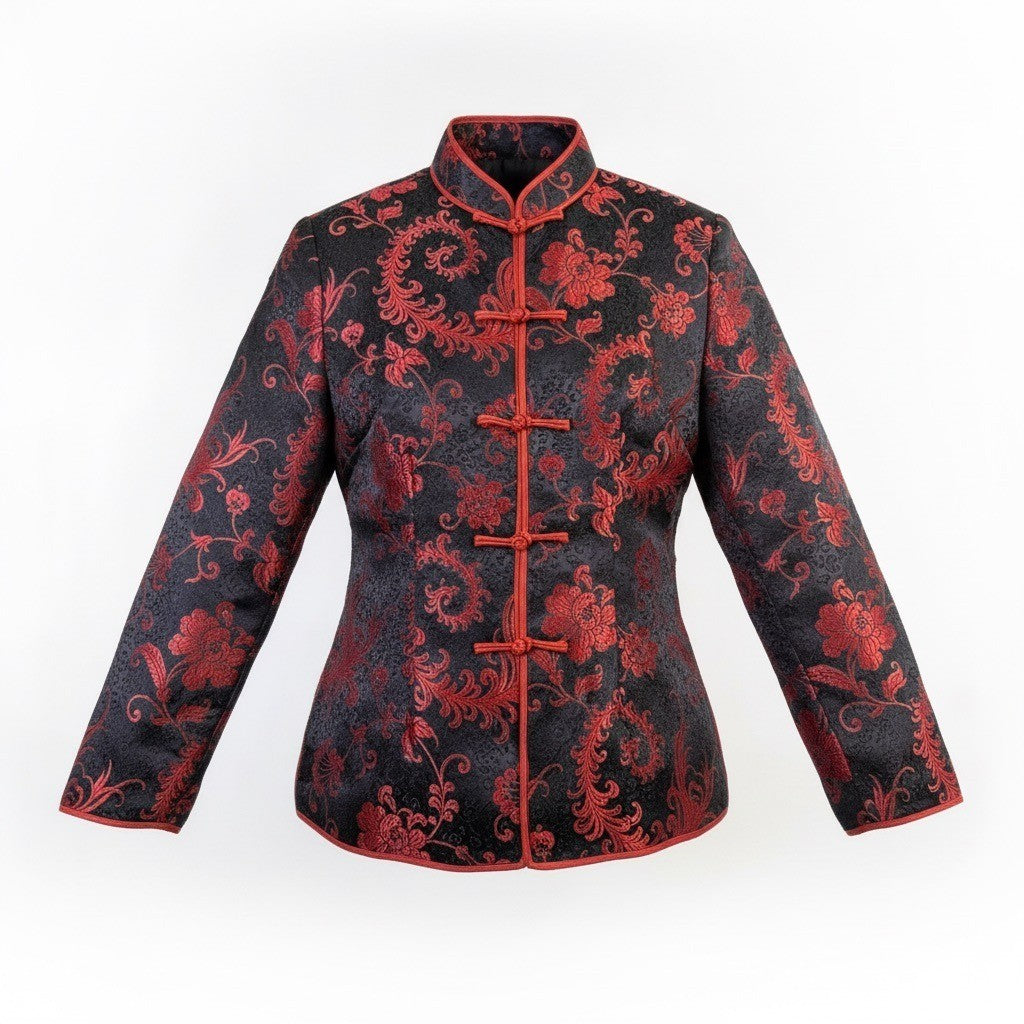 Women Black Red Brocade Floral Mandarin Jacket Laced Up