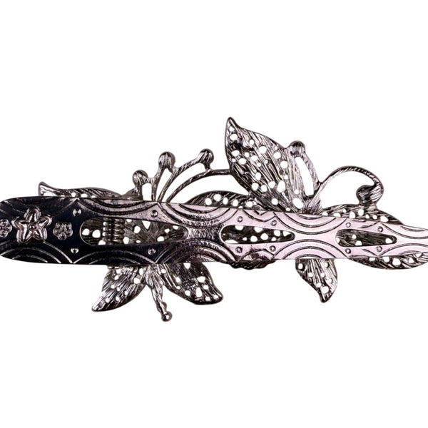 Silver Tone Rhinestone Butterfly Hair Clip Elegant Floral Filigree Design
