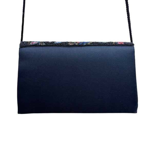 Women’s Black Beaded Floral Envelope Clutch Purse With Shoulder Strap