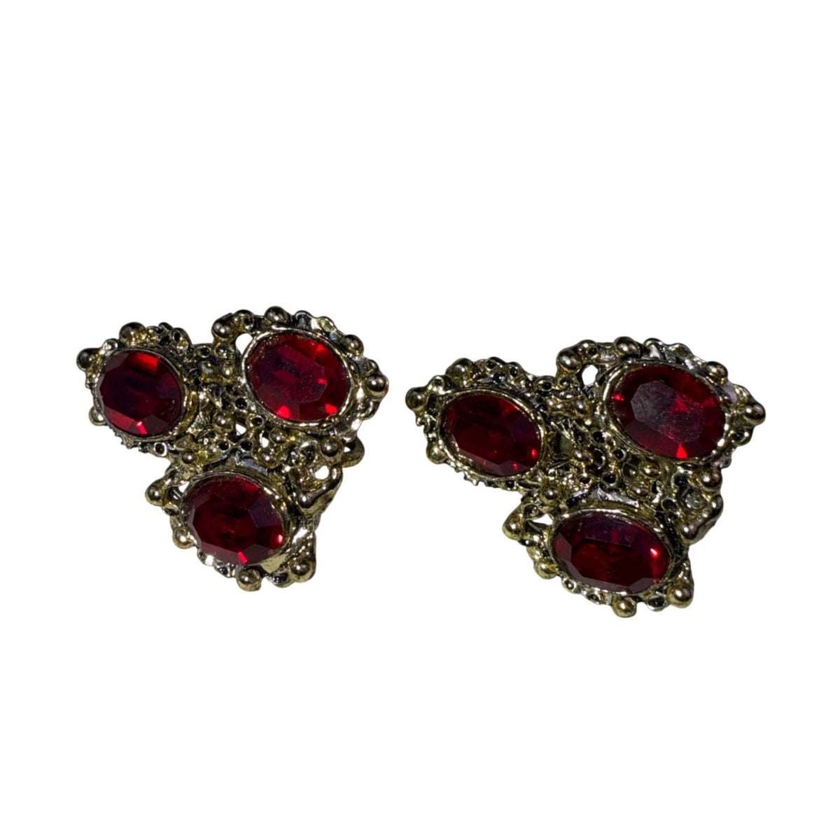 Gold-Tone Red Glass Brooch & Clip-On Earrings Set Victorian-Inspired Jewelry
