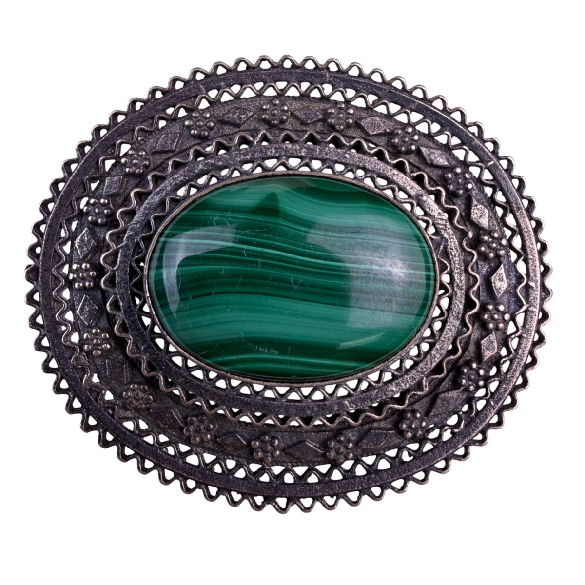 Sterling Silver Womens Green Malachite Brooch Gemstone Filigree Oval Vintage 925