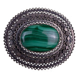 Sterling Silver Womens Green Malachite Brooch Gemstone Filigree Oval Vintage 925