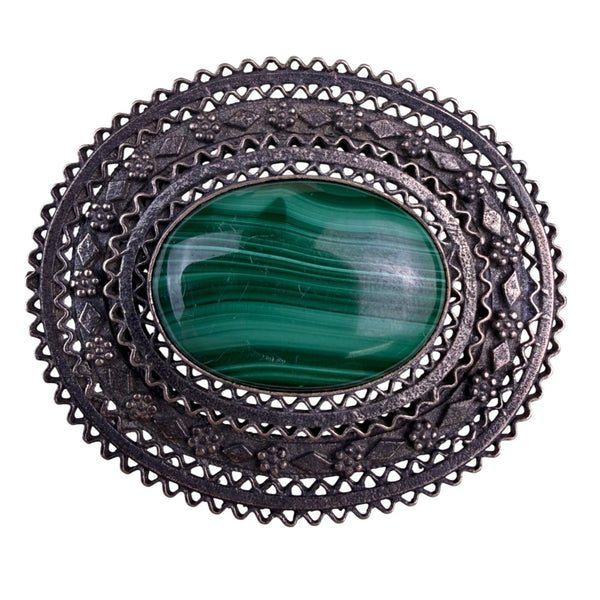Sterling Silver Womens Green Malachite Brooch Gemstone Filigree Oval Vintage 925