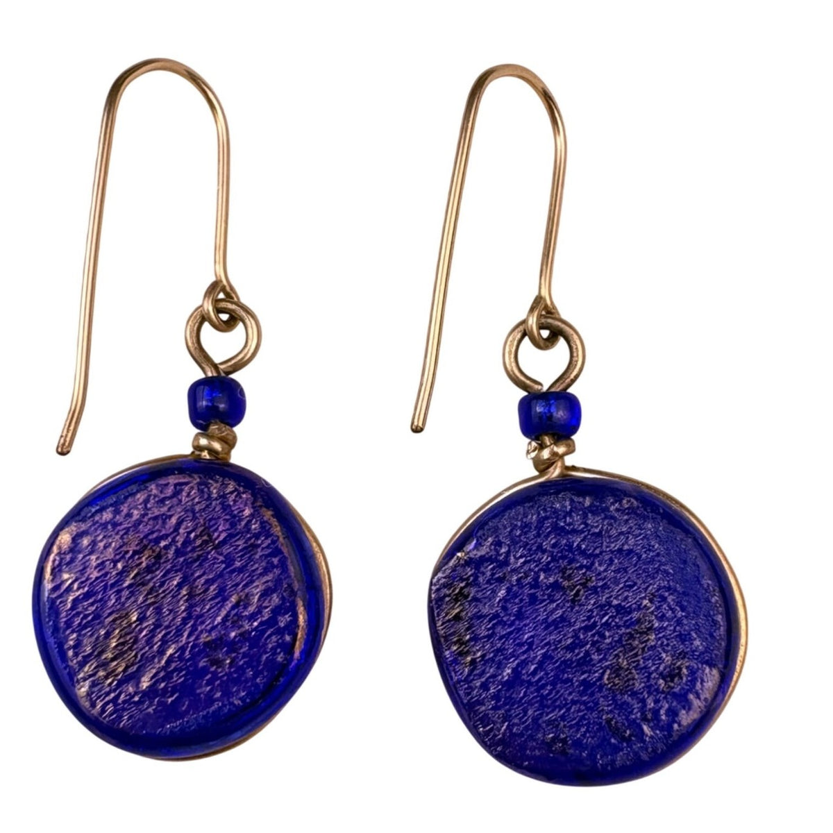 Womens Blue Glass & Gold Leaf Dangle Earrings Lightweight Artisan