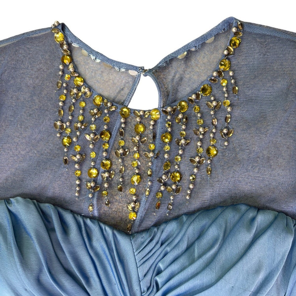 Adrianna Papell Womens Blue Beaded Sheer Sleeve Evening Gown Size 8