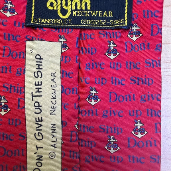 Alynn Mens Red Silk Necktie Nautical "Dont Give Up The Ship" Anchor Pattern USA