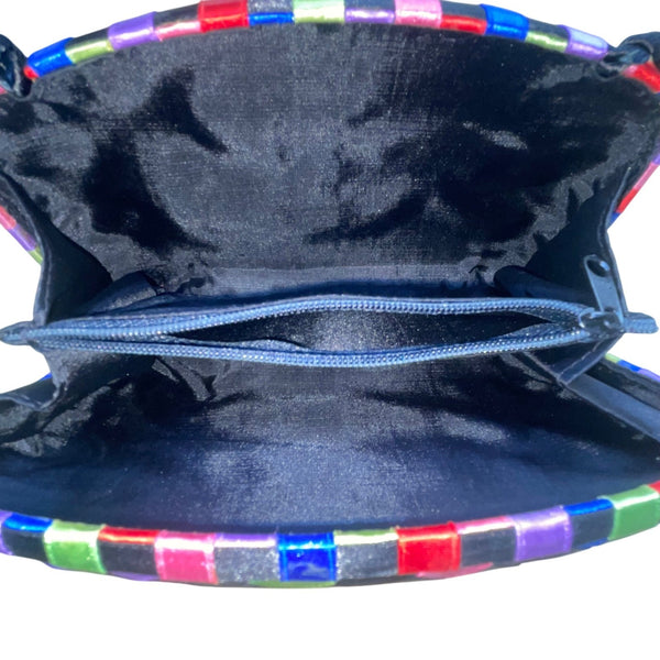 Women’s Black Multicolor Woven Satin Clasp Closure  Crossbody Purse Bag