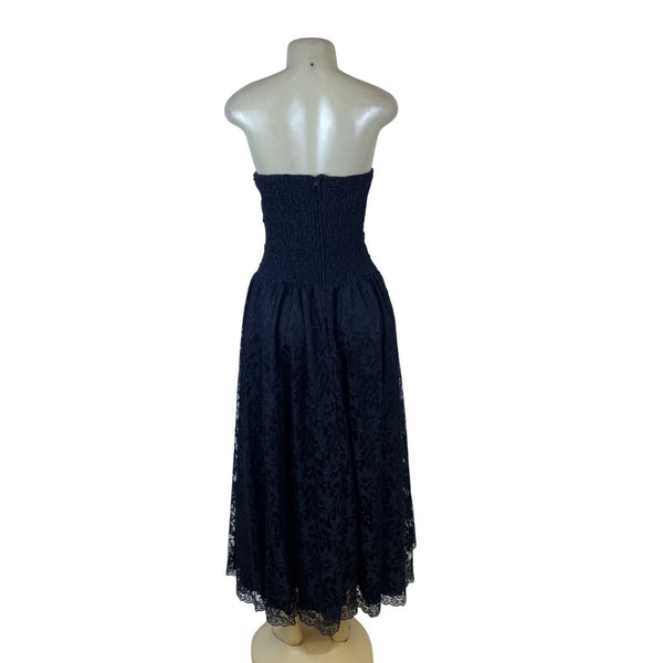 Vintage Strapless Black Lace Womens Midi Dress Elegant Evening Formal Wear