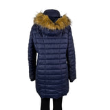 Guess Womens Navy Puffer Coat Faux Fur Hood Quilted Design Knee-Length Sz L