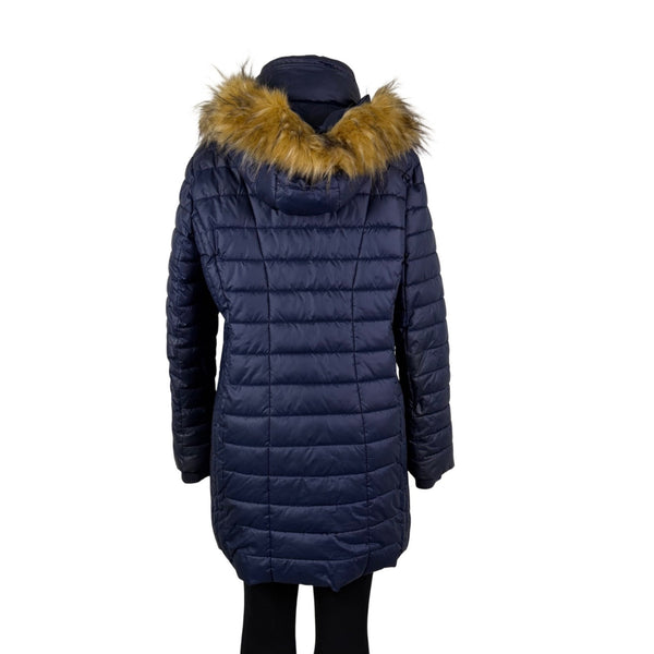 Guess Womens Navy Puffer Coat Faux Fur Hood Quilted Design Knee-Length Sz L