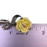 Avon Yellow Porcelain & Rhinestone Rose Brooch With Silver Tone Ribbon Accent