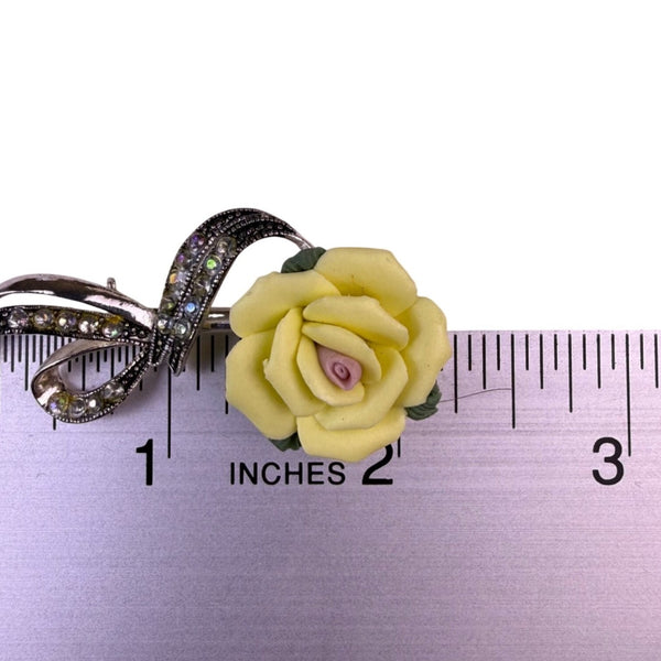 Avon Yellow Porcelain & Rhinestone Rose Brooch With Silver Tone Ribbon Accent