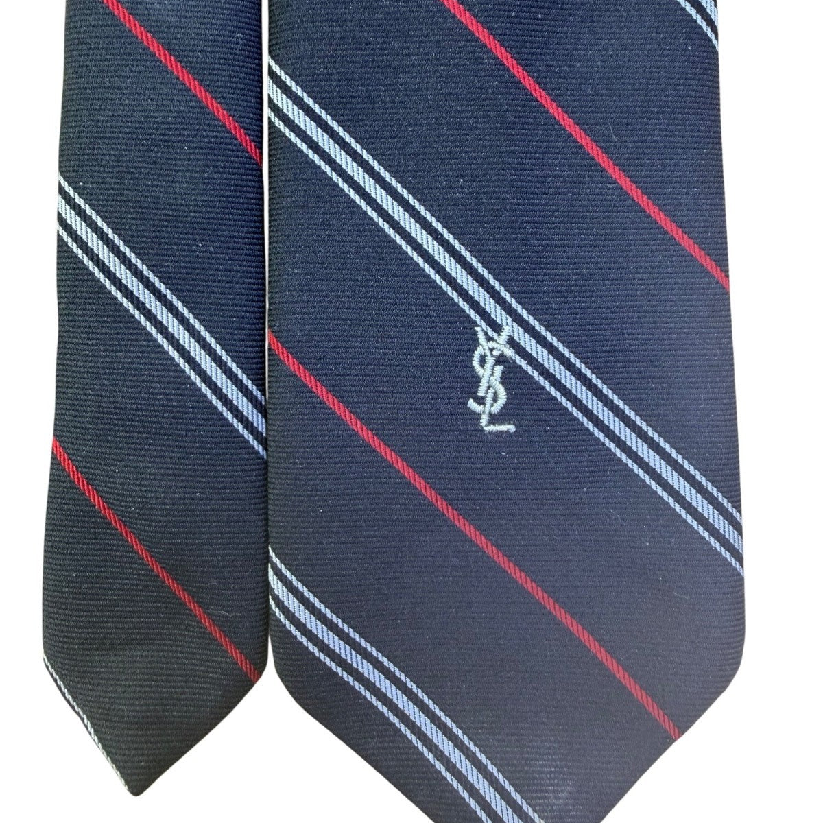Y Saint Laurent Mens Navy Silk Tie Striped Pattern Red & White Accents