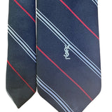 Y Saint Laurent Mens Navy Silk Tie Striped Pattern Red & White Accents