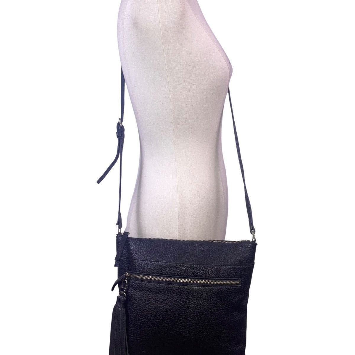Halogen Women’s Black Pebbled Leather Adjustable Strap Crossbody Bag With Tassel