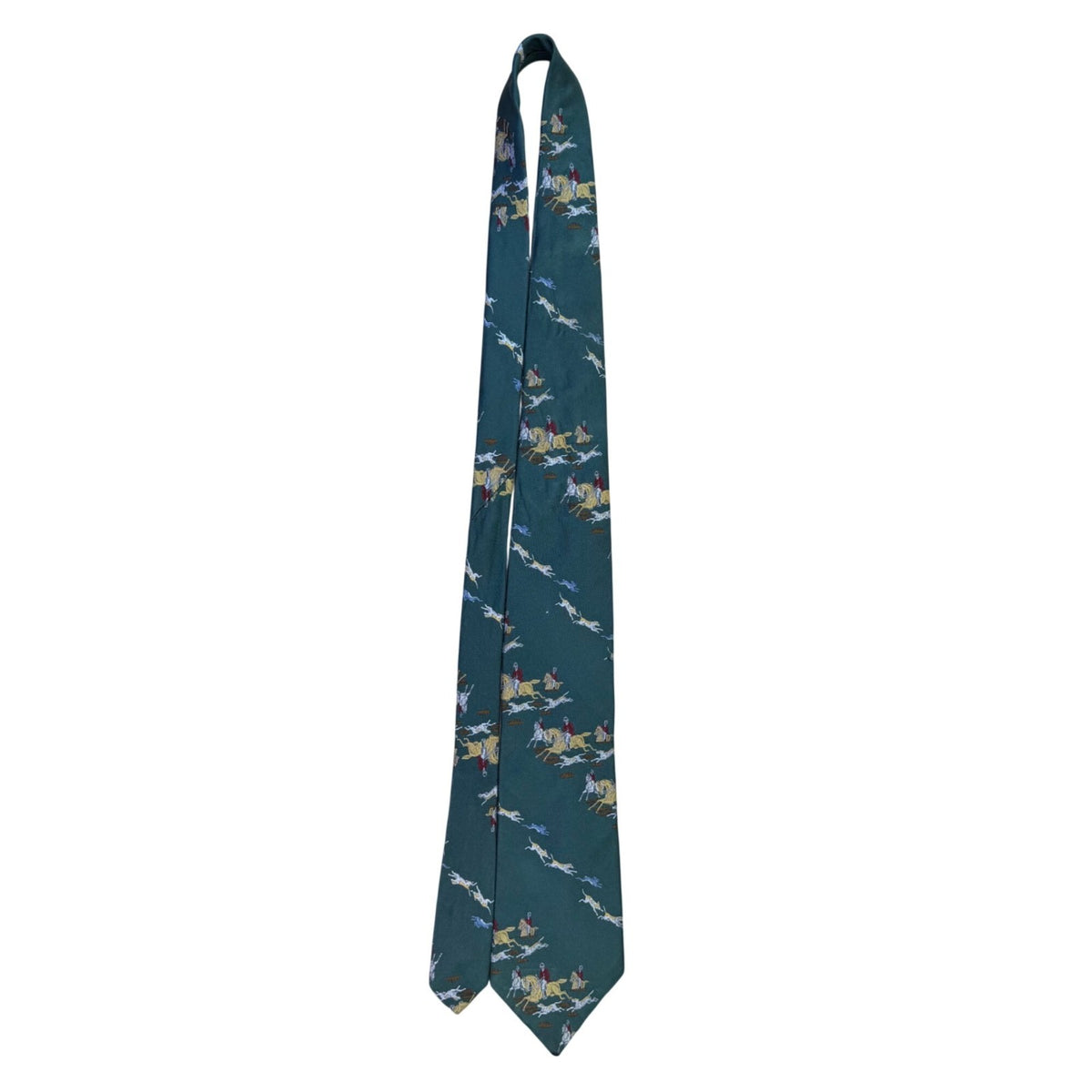Britches Mens Green Silk Jockey Horse Riding Scene Neck Tie Approx. 57.5" Long
