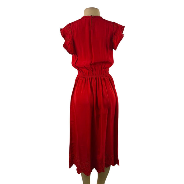 The Great Women’s Red Silk Embroidered Midi Dress Feminine Short Sleeves Size 0
